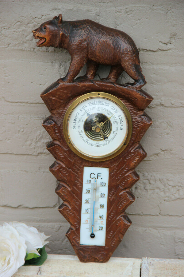 Vintage hand Black forest wood carved swiss bear statue barometer