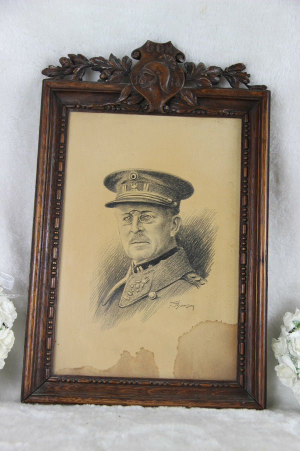antique Portrait drawing Officer general army WW1 1914-1918 black forest wood