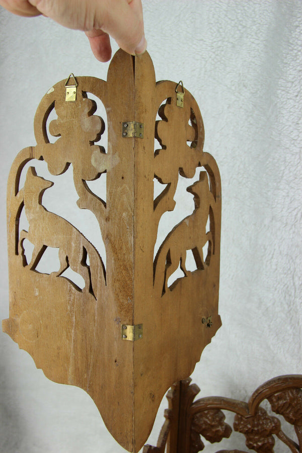 Set of 3 black forest wood carved wall shelf console hunting dog deer 1960