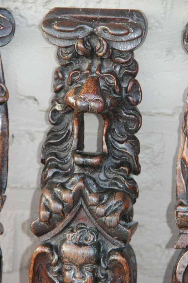 Set 3 black forest Antique wood carved Figurine lion head wall panels plaques