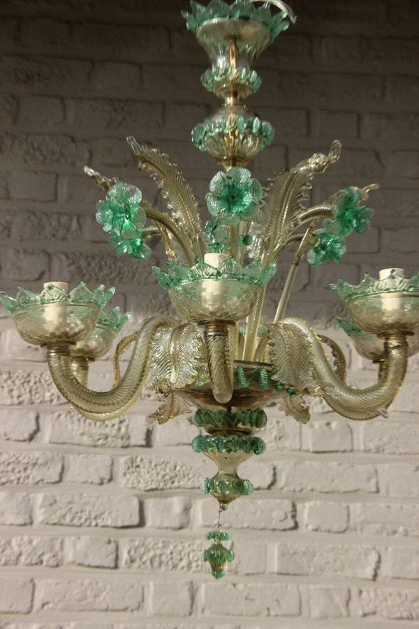 Rare murano green amber colour 6 arms hand blown glass chandelier 1970 Italy