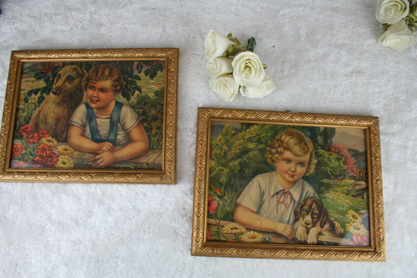 PAIR 1900 Antique VICTORIAN Chromo Print GIRL with dog framed