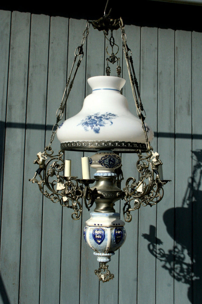 XL Dutch Delft blue white  pottery angels cherubs metal glass chandelier 3 arms