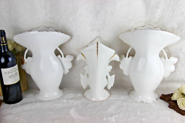 Antique French vieux old paris porcelain Vases set of 3 Floral hand paint decor