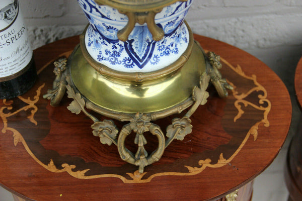 Huge Delft blue white pottery bird clock ram heads bronze ornaments rare