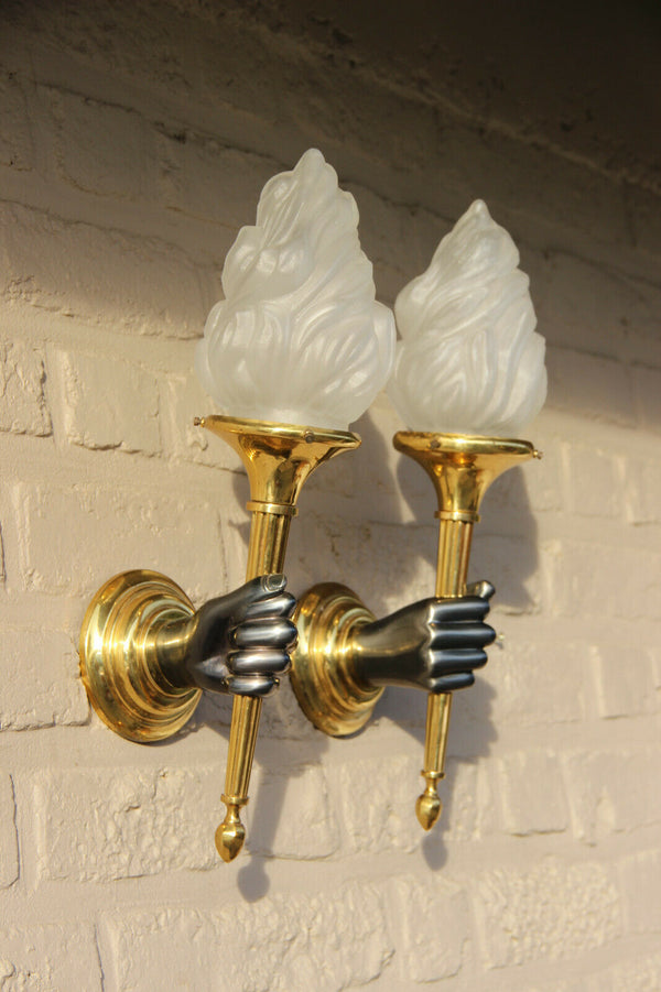 PAIR XL French brass Bronze 2 colour MAISON JANSEN hand wall lights sconces 1970