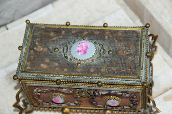 Vintage French Wood carved brass box knight medaillons plaques