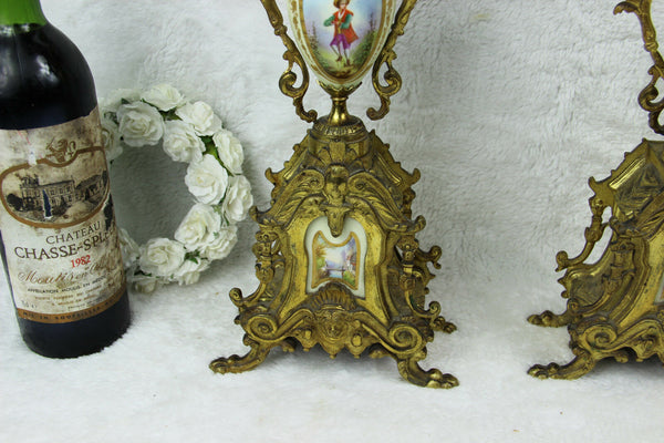 Antique French Candelabras candle holders porcelain plaques portraits