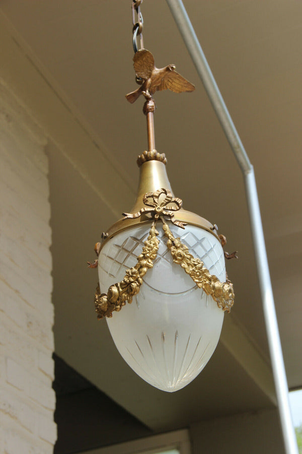 French Brass metal Eagle louis XVI Hall Lantern chandelier pendant crystal glass