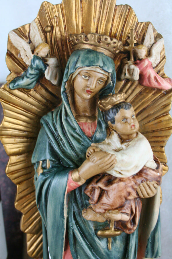 Antique French Plaster polychrome rare Madonna Mary putti angels statue figurine