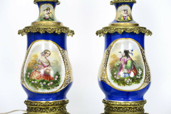 Antique pair 19thc french vieux paris porcelain table lamps portrait floral