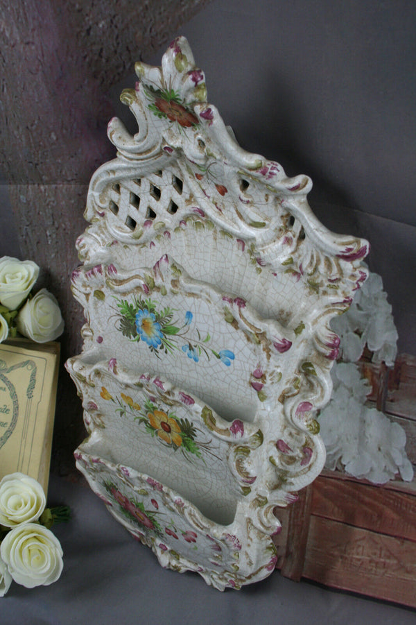 French vintage Majolica Biscuit Craquele Wall Antique Letter holder Flowers
