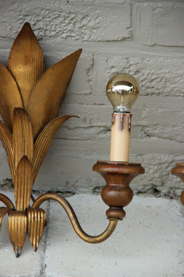 Hollywood regency PAIR Metal gold gilt wood wall lights sconces attr. jansen