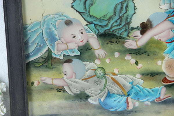Antique Chinese eglomise reverse oil glass painting children playing signed