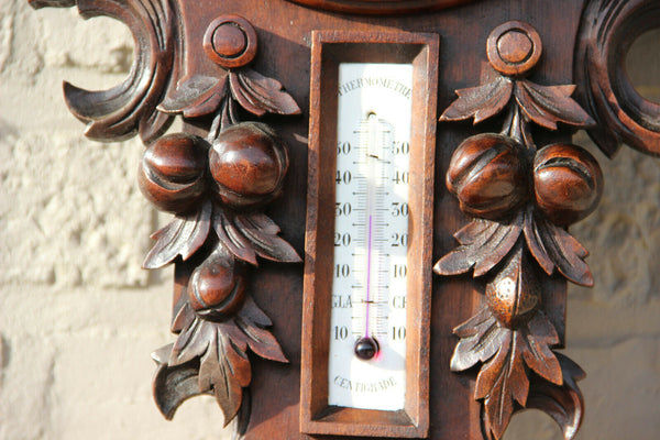 Antique XL black forest wood carved wall clock barometer