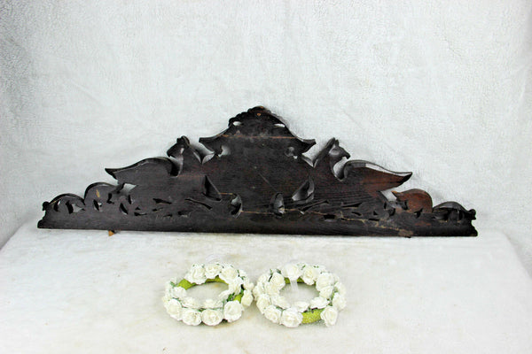 Antique large French pediment fronton wood carved gothic phenix dragon birds