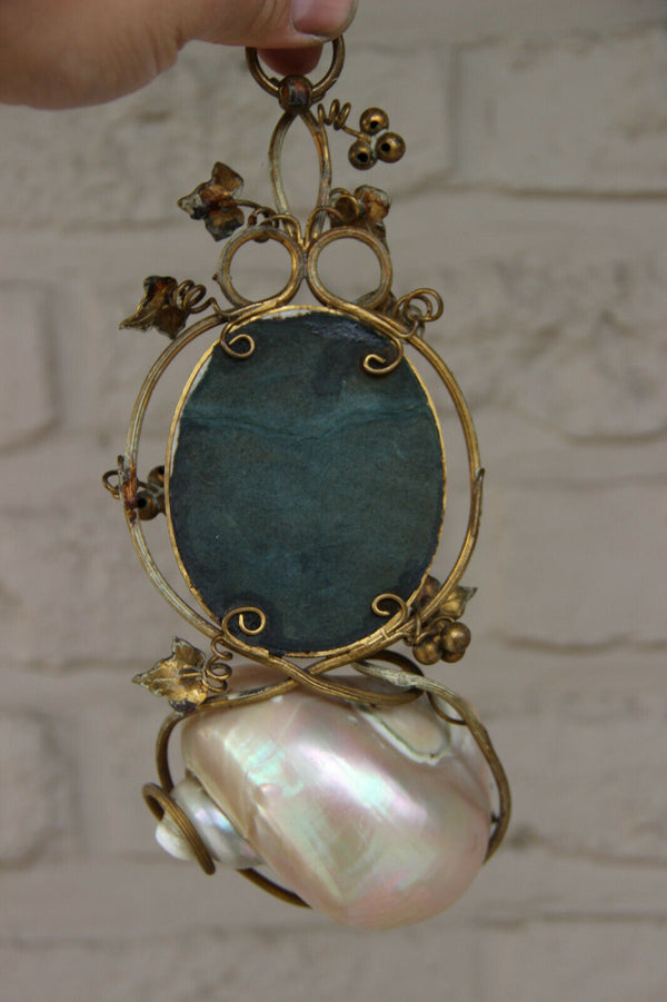 Rare antique religious mother pearl nacre holy water font porcelain Madonna