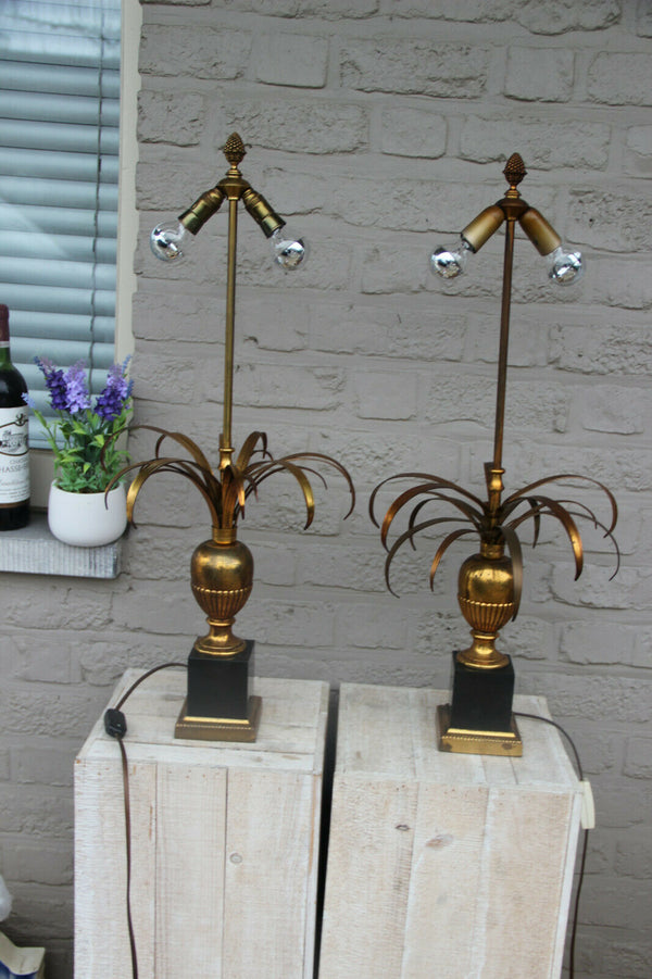 PAIR hollywood regency MAison Jansen Brass palm  leafs table lamps 1970