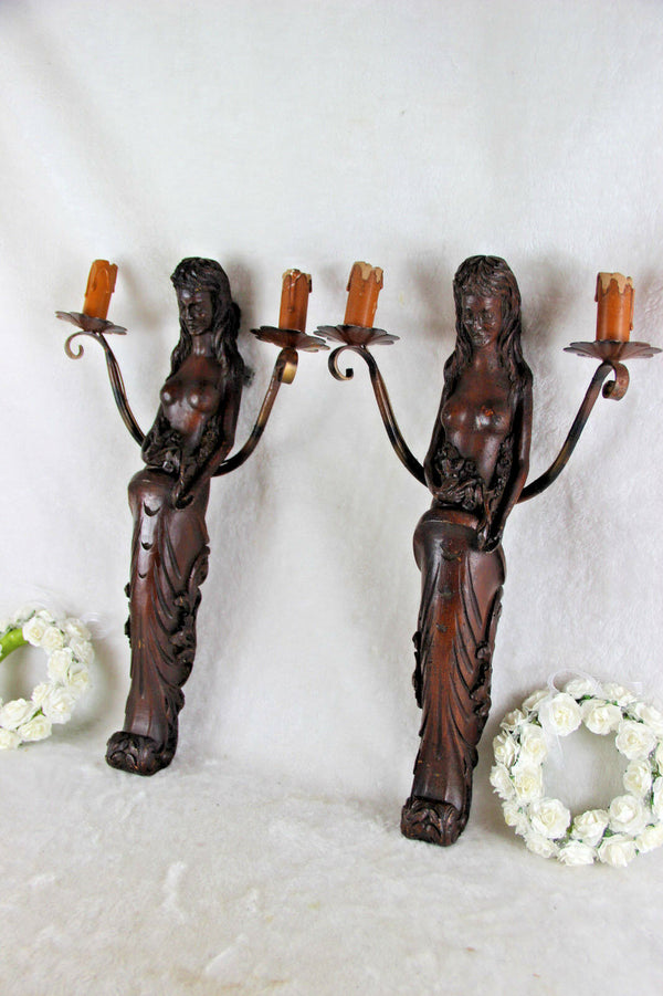 PAIR Vtg french art nouveau naked lady Caryatid Wall lights sconces wood patina