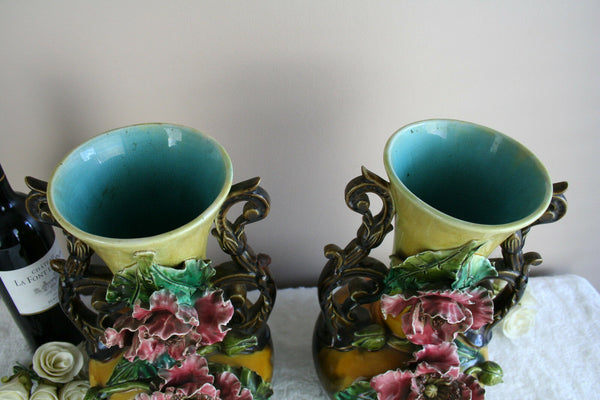 PAIR Art nouveau barbotine majolica floral decor Vases 1900 French
