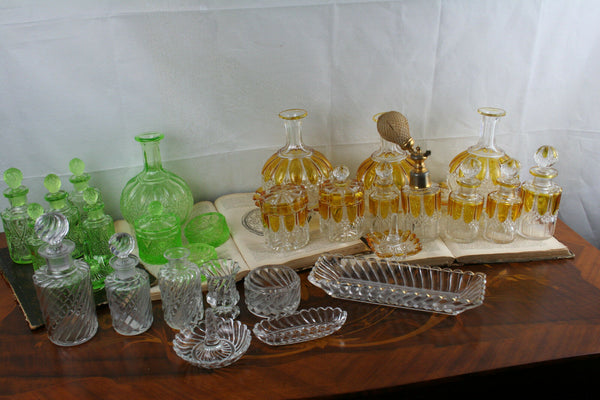 Antique Belgian Val saint lambert amber vanity set dresser + green + clear 1906