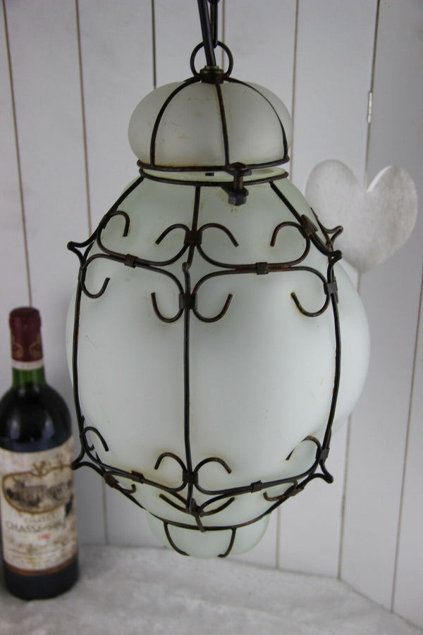 Gorgeous ITALIAN SEGUSO hand blown glass Caged Lantern lamp chandelier 70's