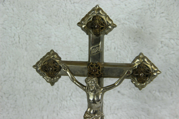 Antique French religious spelter crucifix cross putti angels base