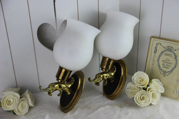 PAIR empire design Fish dolphin brass metal wall lights sconces opaline glass