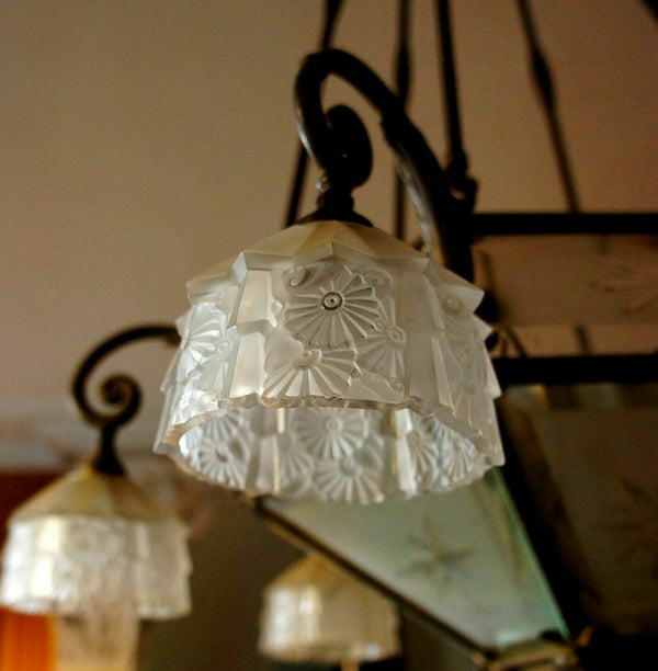 Antique French ART DECO 1930 Bronze Glass crystal cut chandlier 7 light