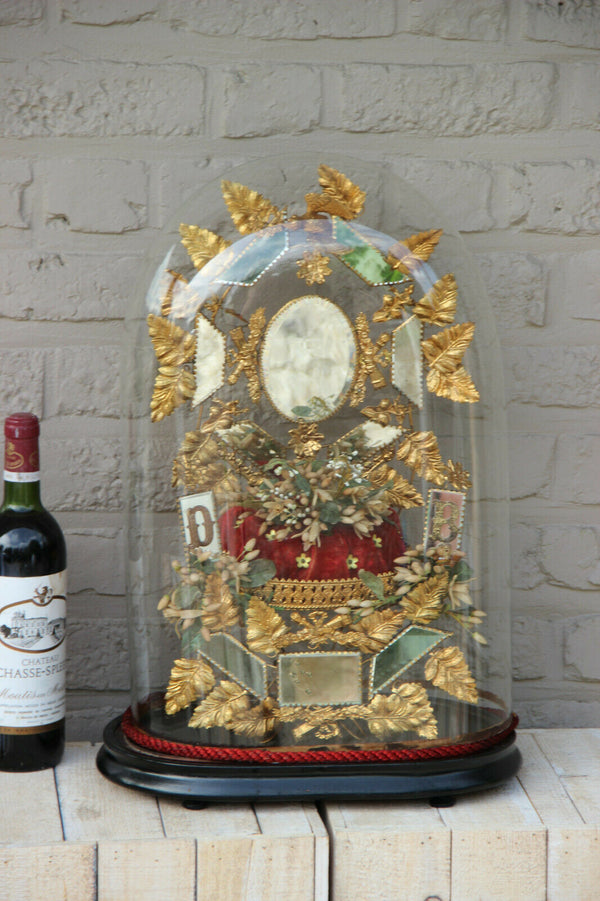 Antique Victorian Bridal wedding dome Globe Glass with tiara wax initials