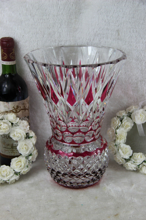 Belgian VAL SAINT LAMBERT Crystal glass ruby red clear cut diamond vase heavy