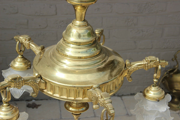 Antique French brass Gothic Dragon eagle heads tulip glass heads