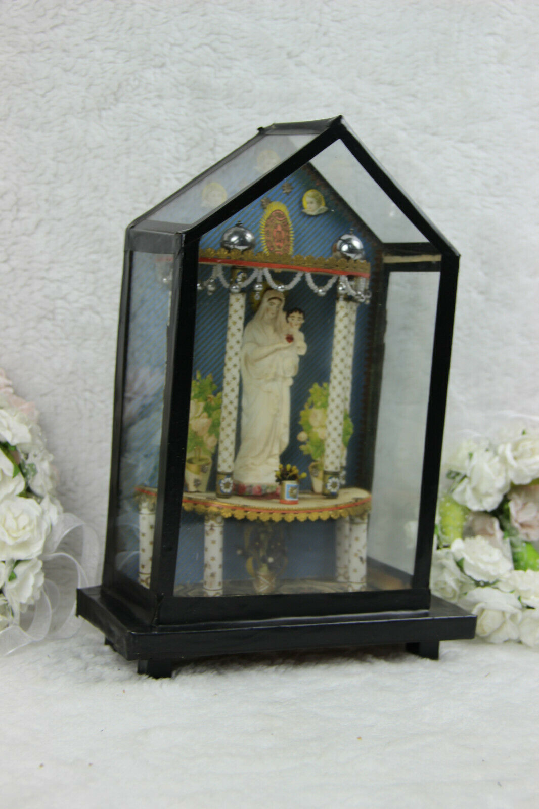 Antique 1900 French Home altar chapel glass Madonna religious