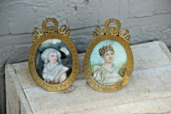 Antique PAIR French miniature paint portraits lady josephine napoleon louis XVI