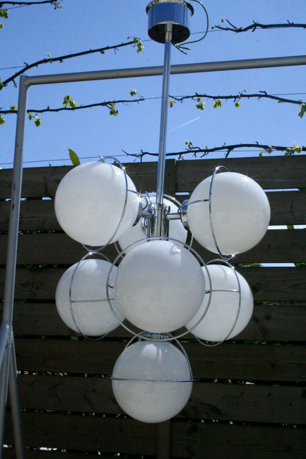 RETRO 70's Sputnik atomic Chandelier opaline glass globes chrome mid century