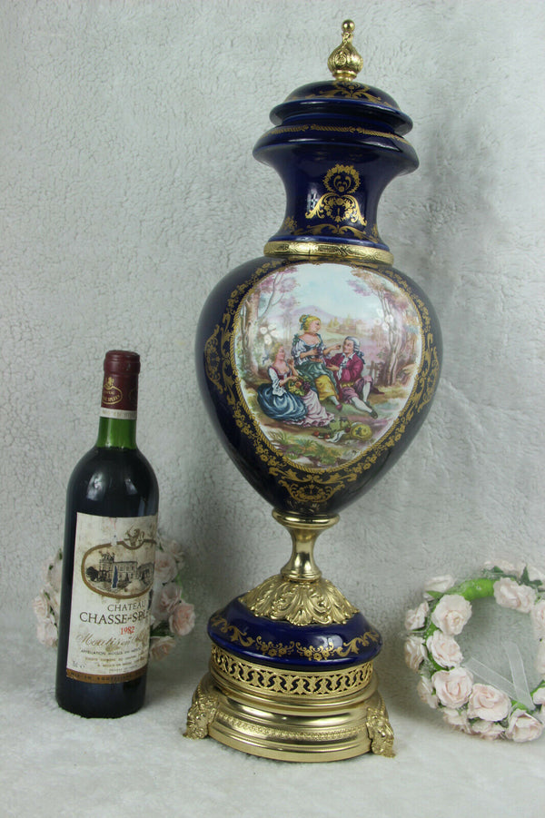 XL French Limoges blue romantic victorian Vase satyr devil heads base