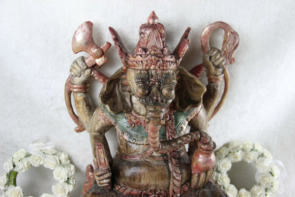 RareLarge Antique Wood carved polychrome GANESHA figurine statue god hindu