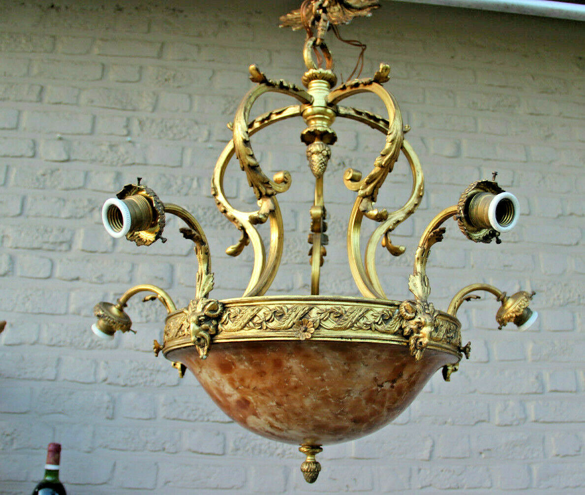 Antique French Amber alabaster marble Ram head Bronze chandelier 5 arms