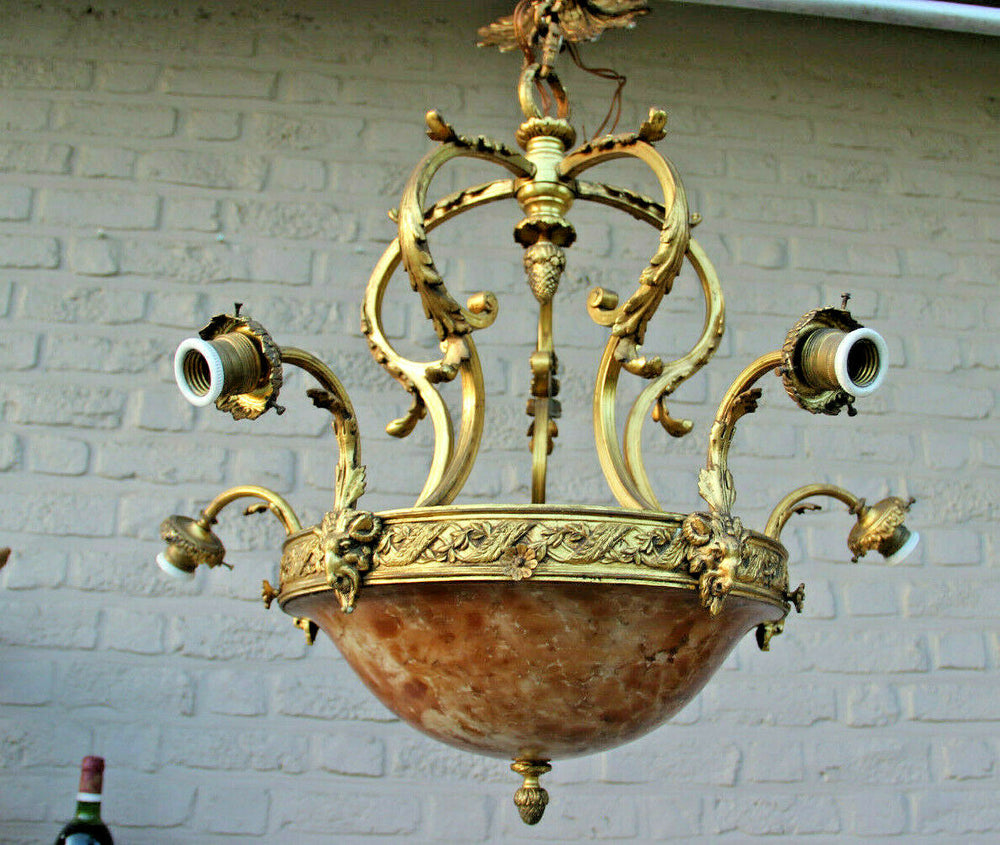 Antique French Amber alabaster marble Ram head Bronze chandelier 5 arms