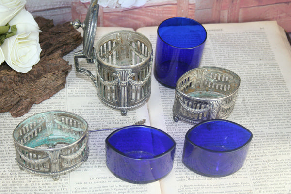 Vintage Pewter metal Salt / pepper / mustard blue cobalt glass spoon marked