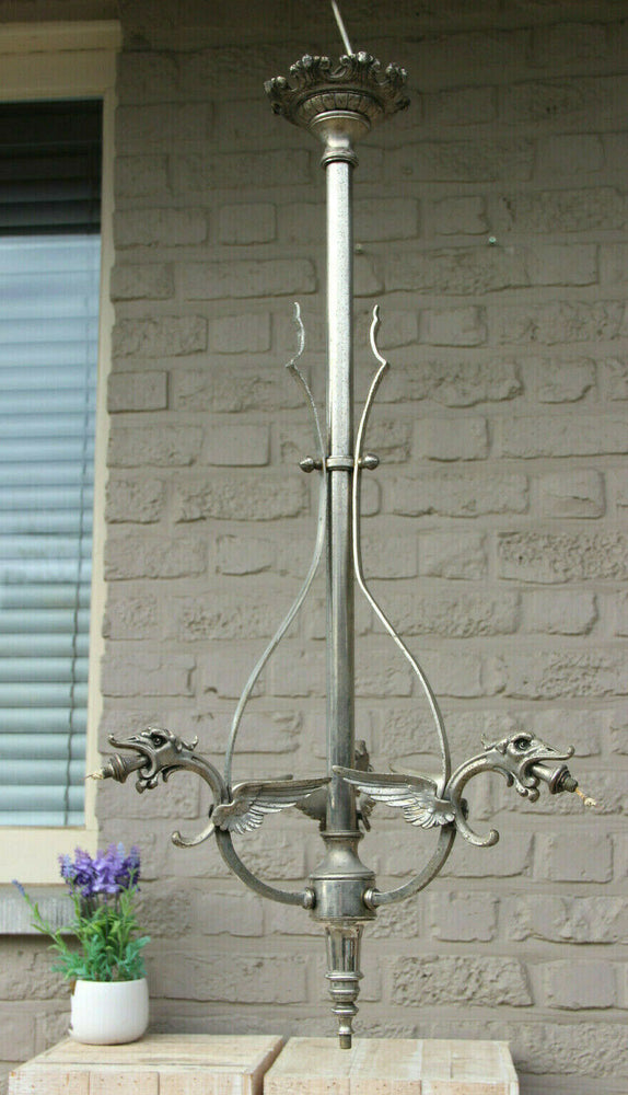 Gorgeous Antique bronze silver gilt 3 arm dragon gothic castle chandelier