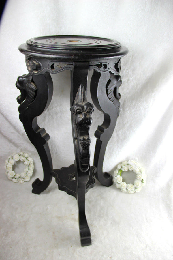 French Pedestal plant stand wood carved black gothic chimaera dragons tripod