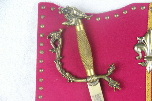 Vintage French fleur de lys dragon gothic armor shield wall red velvet 1970