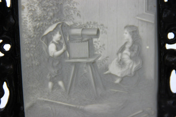 Rare Antique Porcelain Lithophane in empire Cast iron stand bird candle 1920's