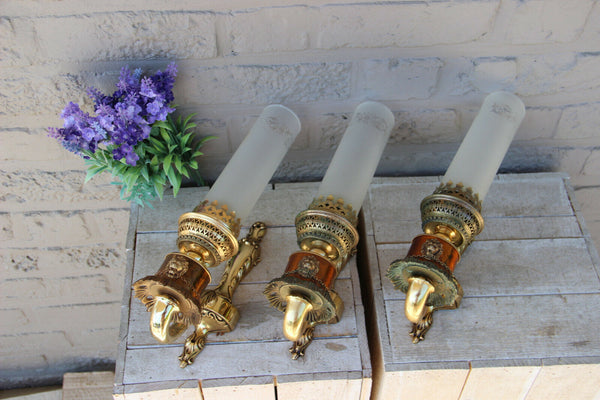 Set 3 French brass metal glass lion heads Wall lights sconces