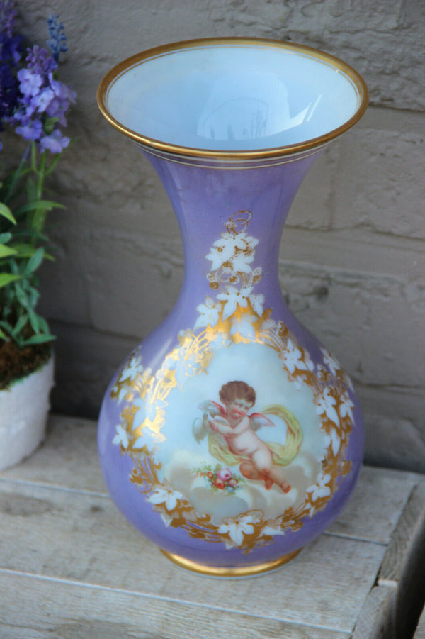 Antique french hand paint putti angel opaline purple glass vase rare 19thc