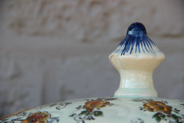 Large DELFT polychrome pottery marked Centerpiece bowl tureen on plate floral