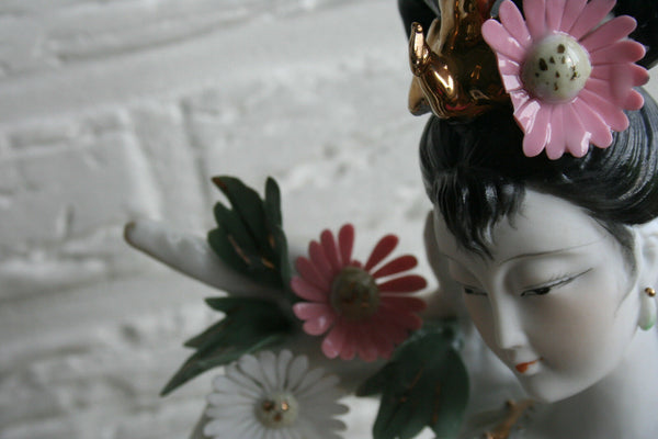 PAIR Japanese geisha porcelain figurines statue floral music playing