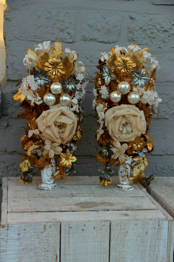PAIR antique vieux paris religious porcelain Vase with silk floral boucquet