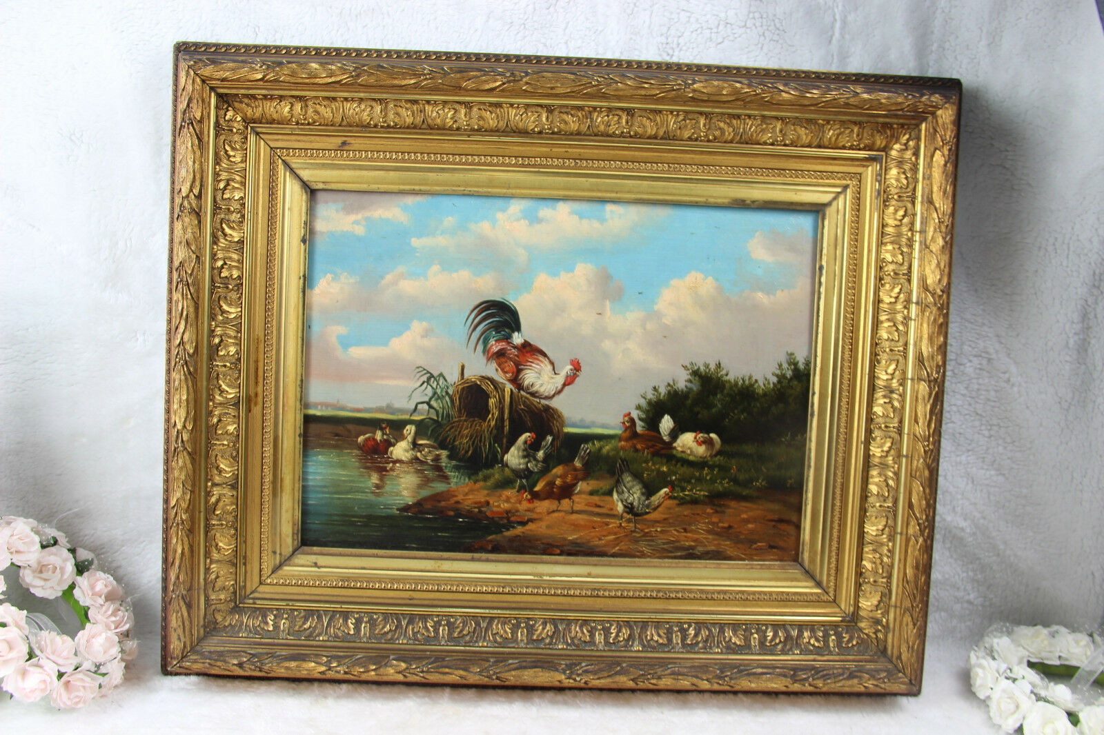 German school 1900s Oil panel painting chickens rooster poultry scene